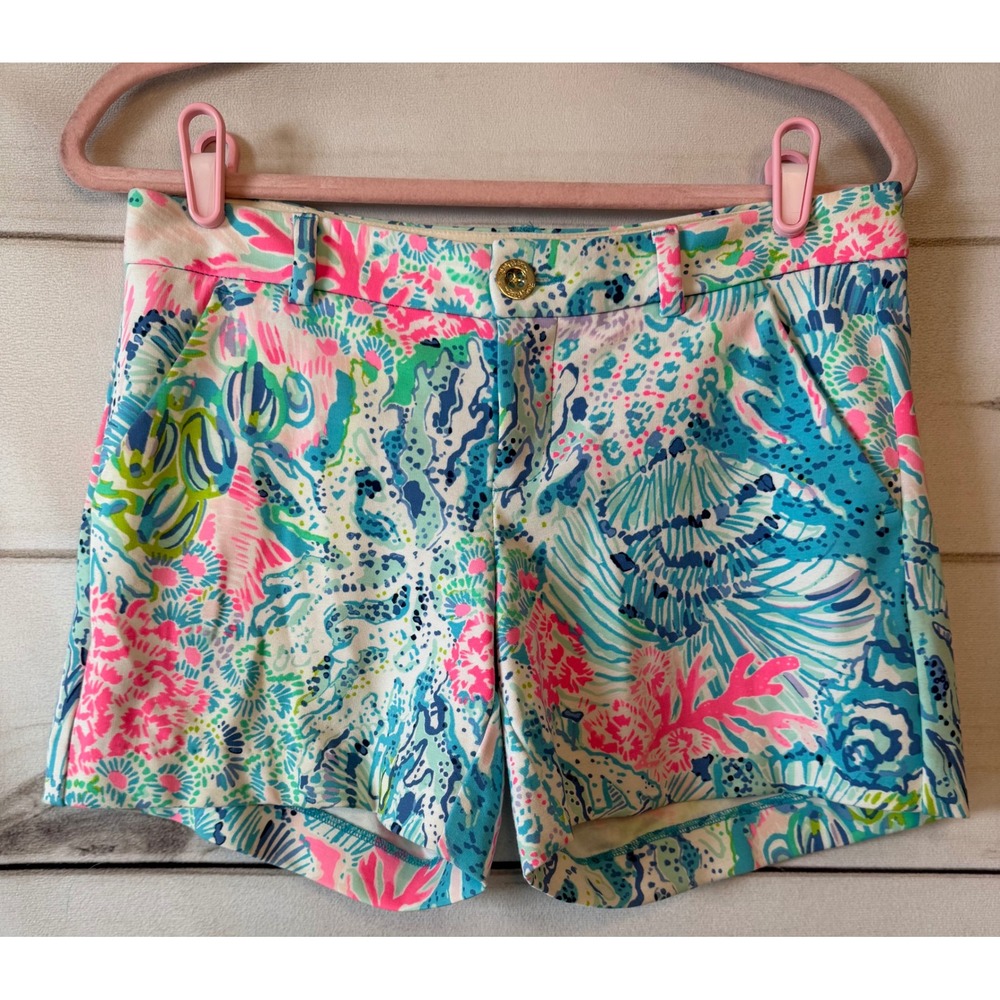 Lilly Pulitzer Callahan Shorts Blue Pink Sea Print Stretch Chino Size 2